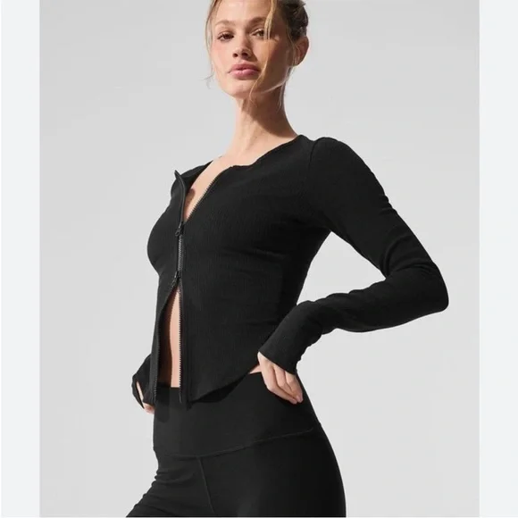 ALO Yoga Ribbed Stardust Jacket Double Zip Long Sleeve Top XS Like New Black - Picture 4 of 8